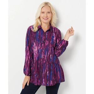 LOGO LORI GOLDSTEIN Colorful Watercolor Sz Medium Button Up Roomy Tunic Shirt